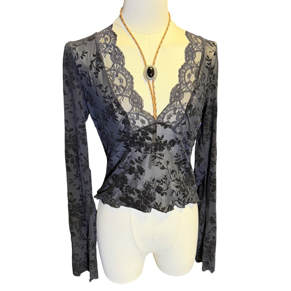Mesh Top Womens M Black Good Velvet Floral Burnout Lace Trim V-Neck